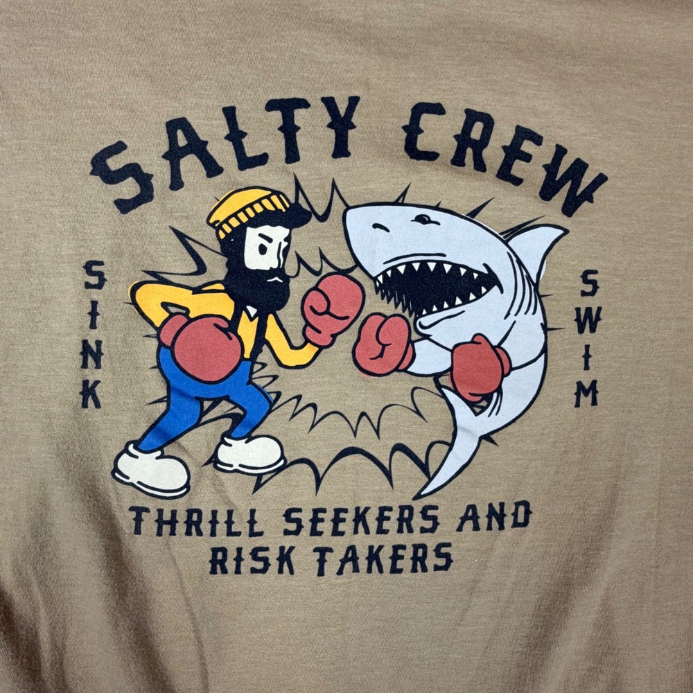 Salty Crew Mens 2XL Boxing Shark Thrill Seekers Graphic T-Shirt Tan Khaki